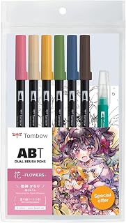 Tombow 72560 Dual Brush Pen Art Markers, Manga Illustration, Flower 6-Pack