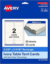 Avery Printable Rectangle Table Tent Cards, 3-3/8" x 3-11/16", Matte Ivory, Sure Feed Technology, Print-To-The-Edge Capability, Laser/Inkjet Compatible, 50 Total, Ideal for Packaging, and Displays