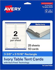 Avery Printable Rectangle Table Tent Cards, 3-3/8" x 3-11/16", Matte Ivory, Sure Feed Technology, Print-To-The-Edge Capability, Laser/Inkjet Compatible, 50 Total, Ideal for Packaging, and Displays
