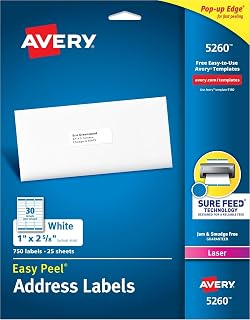 Avery Easy Peel Printable Address Labels with Sure Feed, 1" x 2-5/8" Customizable Stickers, White, 750 Blank Mailing Labels, Great for Mailing, Shipping, and More (5260)