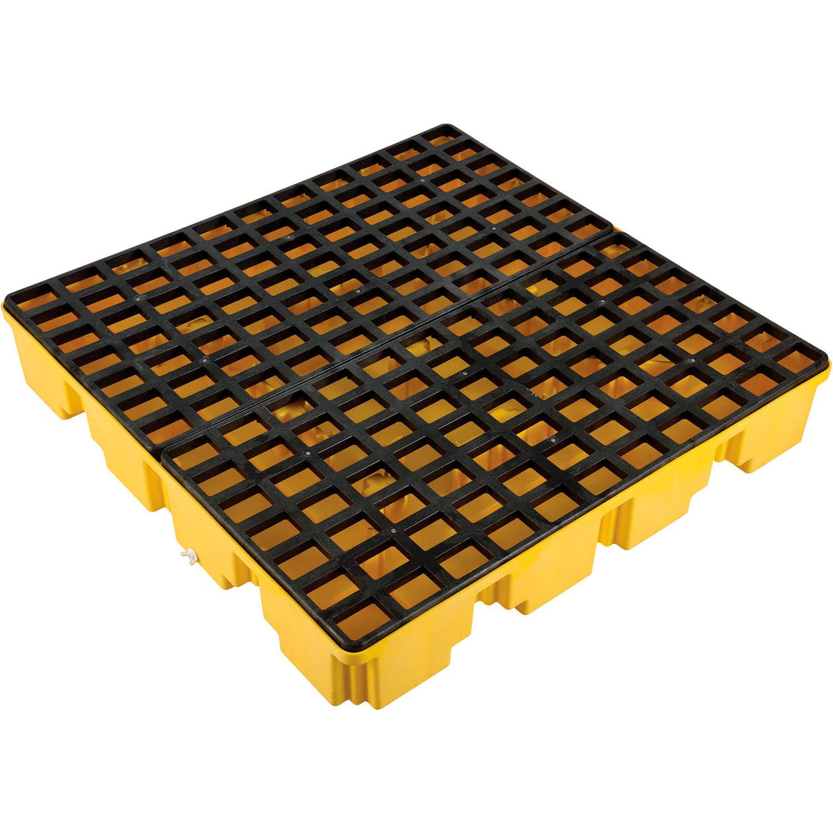 4 Drum Low Profile Spill Containment Pallet with Drain by Global Industrial – 51.5"L x 51.5"W x 8"H, Polyethylene, Yellow & Black, Model 989073