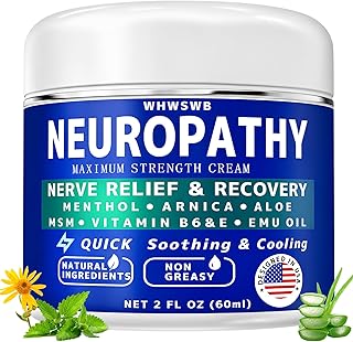 Neuropathy Nerve Relief Cream - Maximum Strength for Feet, Hands, Legs, Toes Includes Menthol, Arnica, Aloe Vera, Emu, MSM, Vitamin B6, Effective Cooling Soothing