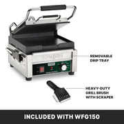 Panini Press with 9.75" x 9.25" Cooking Surface & Flat Plates by Waring – Compact Cooking Surface Machines, Stainless Steel, Silver, Model WFG150