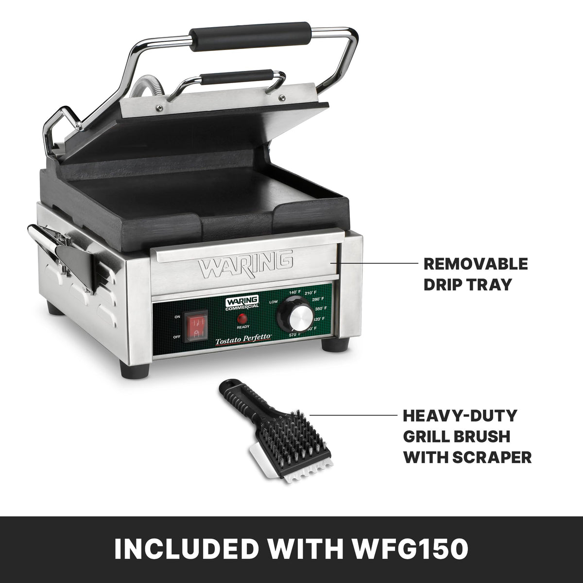 Panini Press with 9.75" x 9.25" Cooking Surface & Flat Plates by Waring – Compact Cooking Surface Machines, Stainless Steel, Silver, Model WFG150