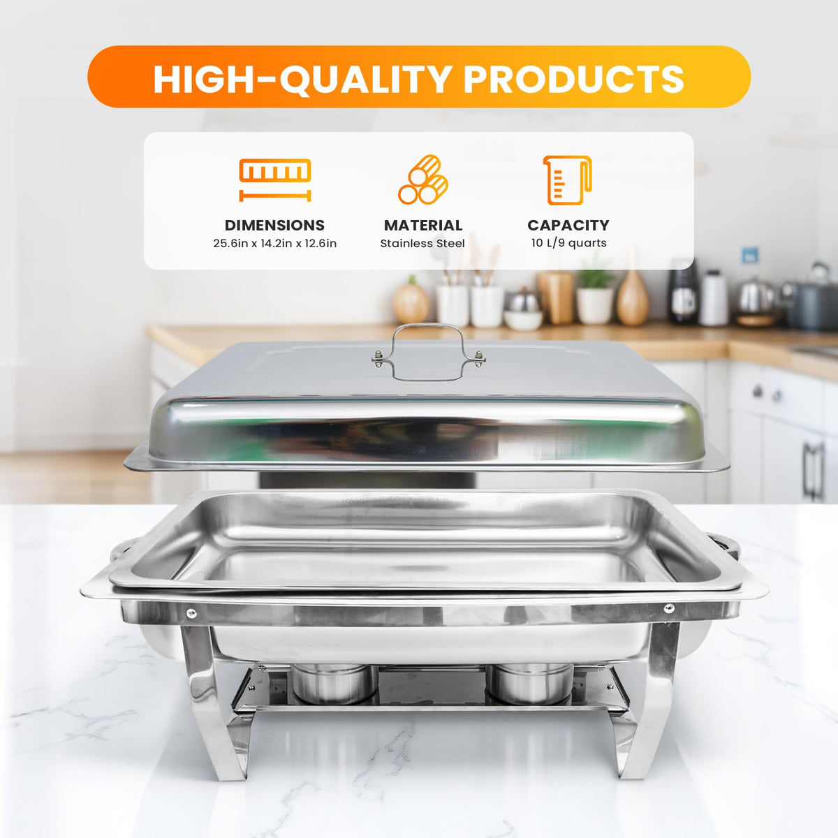 Powerfuel Chafing Dishes, 11 Quart Rectangular Stainless Steel, 4 Pack Silver