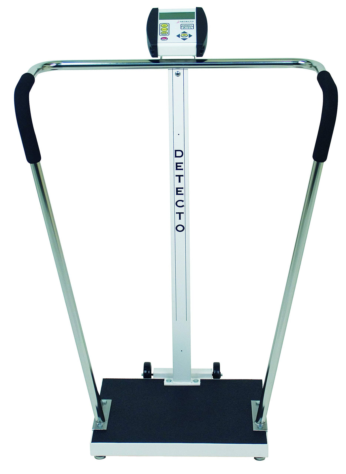 Portable High Capacity Digital Scale with Wrap Around Tubular Handrails Capacity: 600 lb x 0.2 lb Platform 18"x14"x1.75" by Detecto – 45"L x 30"W x 25"H, Alloy Steel, Model 6855