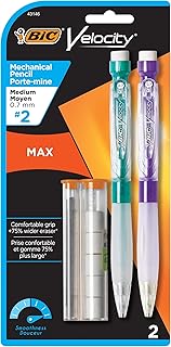 BIC Velocity Max Mechanical Pencils, With Colorful Barrel, Medium Point (0.7mm), 2-Count Pack Mechanical Pencils With Erasers and Lead Refills