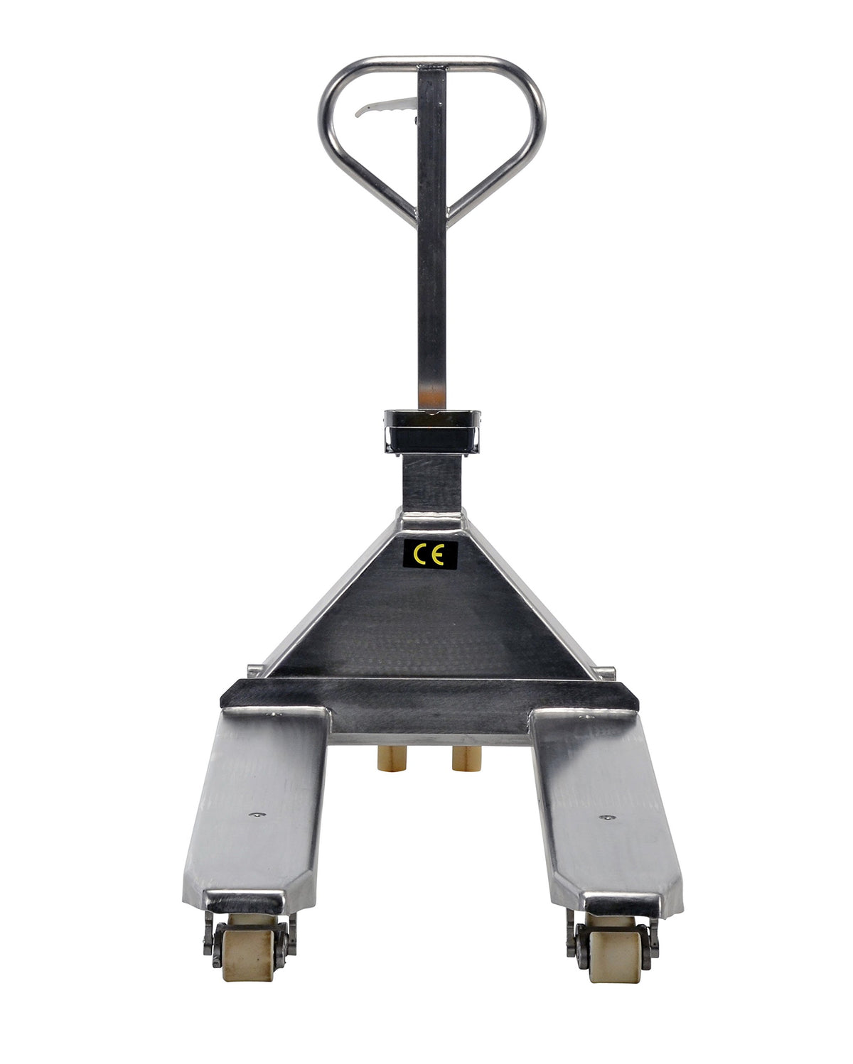 Stainless Steel Low Profile Pallet Truck with Scale 61-43/64 in. x 27 in. x 48-5/8 in. 5000 Lb. Capacity Silver by Vestil – 68"L x 27.5"W x 54"H, Model PM-2748-SCL-LP-SS