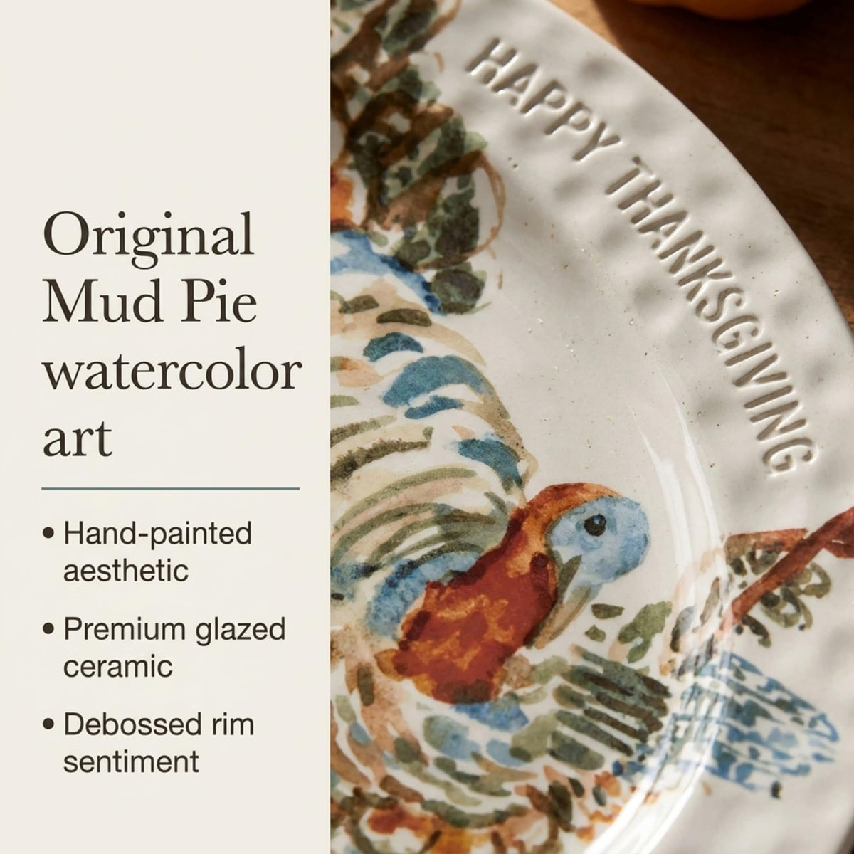 Mud Pie Turkey Platter, Ceramic, Beige 14 x 20.5 Inches