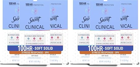 Secret Clinical Strength Antiperspirant Deodorant for Women,Stress Response,Stress & 72hr Sweat & Odor Protection,PH Balancing Minerals,Soft Solid,1.6 oz,(Pack of 6)