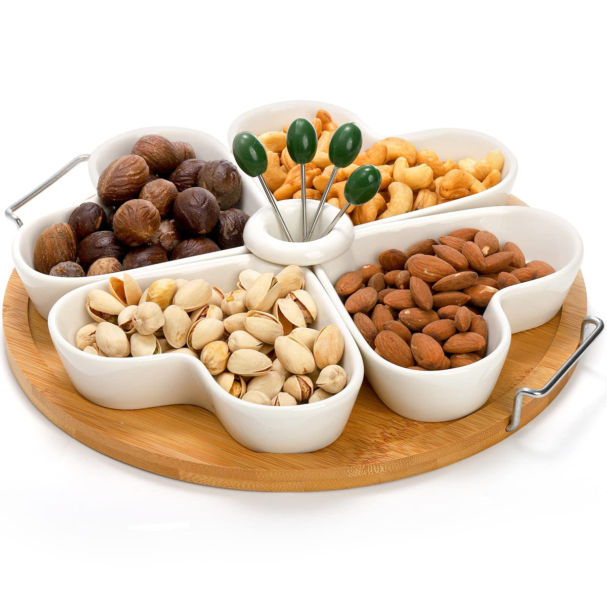 ZEAYEA Ceramic Divided Serving Tray with Picks, 11 Inch, White