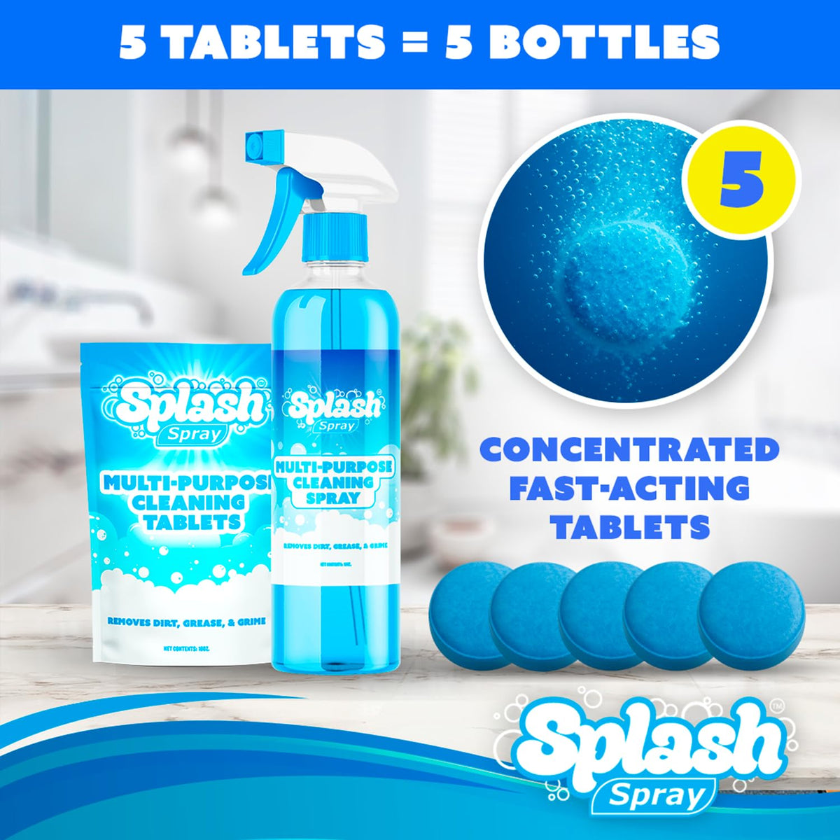 Splash Spray Multi-Purpose Cleaning Tablets - 5x Cleaning Tablets and Bottle Spray - Mix with Warm Water by Generic – 1 Count (Pack of 1), Model SPLASHSPRAYv2x1