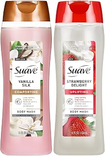 Suave Body Wash Variety 2-Pack – Sweet Vanilla Silk & Strawberry Delight for Hydrating and Gently Cleansing Skin, 18 Oz Ea