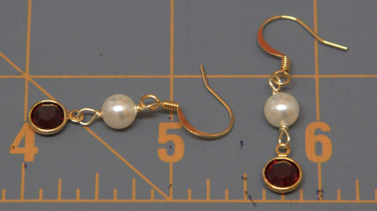 Crystal Channel Drop Dangle Earring - Siam Red Color by Martiana Jewelry – 1 inch, Crystal, Pearl, Gold Tone Ear Hook, Siam Red Color, Model MJ-E109