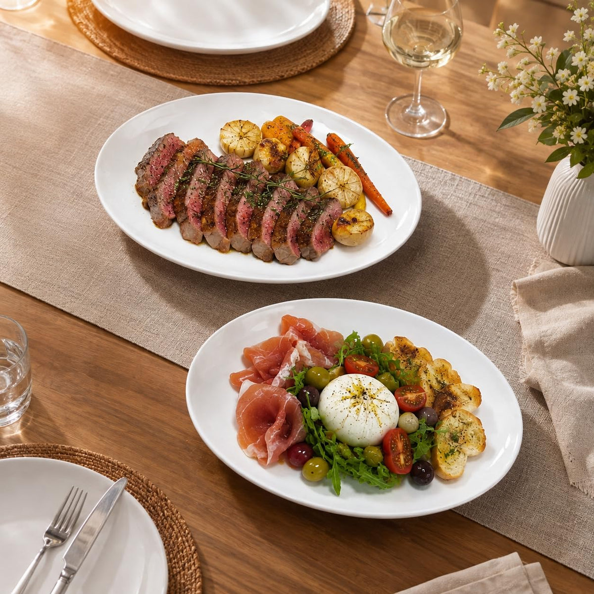 Yalong Porcelain Serving Platters, 14 Inch Oval, Set of 2, White