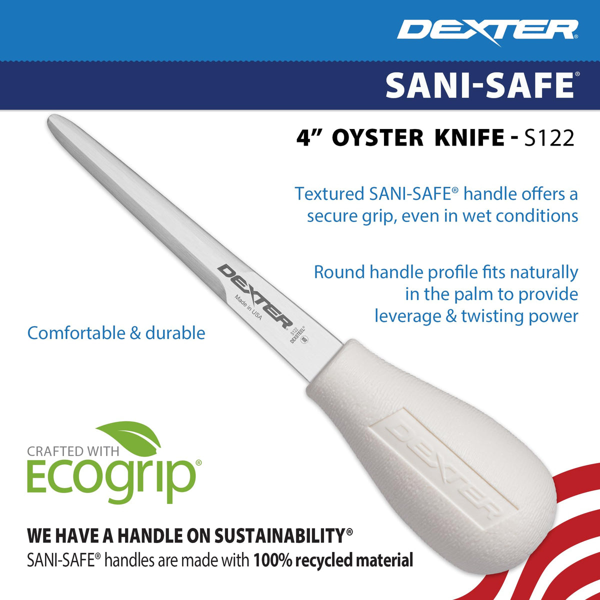 Dexter-Russell Sani-Safe S122-PCP 4" Boston Pattern Oyster Knife with Polypropylene Handle by Dexter Outdoors – 4 inches, Polypropylene, White, Model DRI 10433