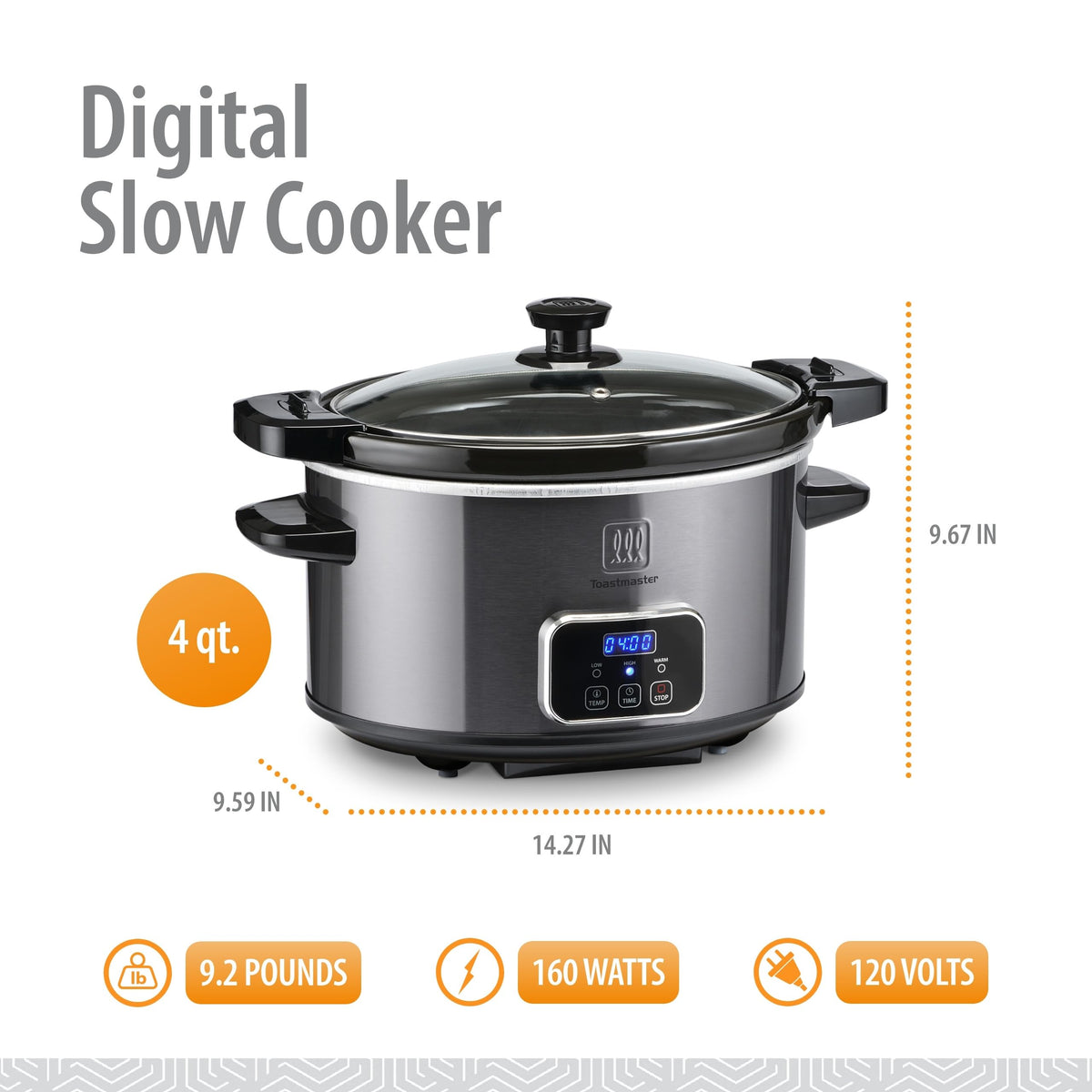 4-Quart Digital Slow Cooker with Locking Lid by Toastmaster – 4 Quarts, Glass, Graphite, Model TM-404SCGT