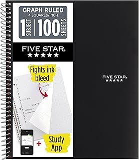 Five Star Spiral Notebook + Study App, 1 Subject, Graph Ruled Paper, 8-1/2" x 11", 100 Sheets, Fights Ink Bleed, Water Resistant Cover, Black (73679)