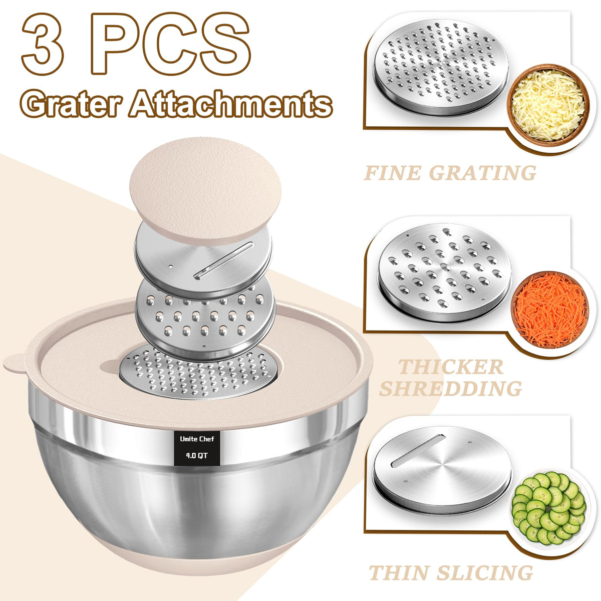 Umite Chef Nesting Mixing Bowls, Stainless Steel with Lids and Graters, 5 Piece Set in Khaki