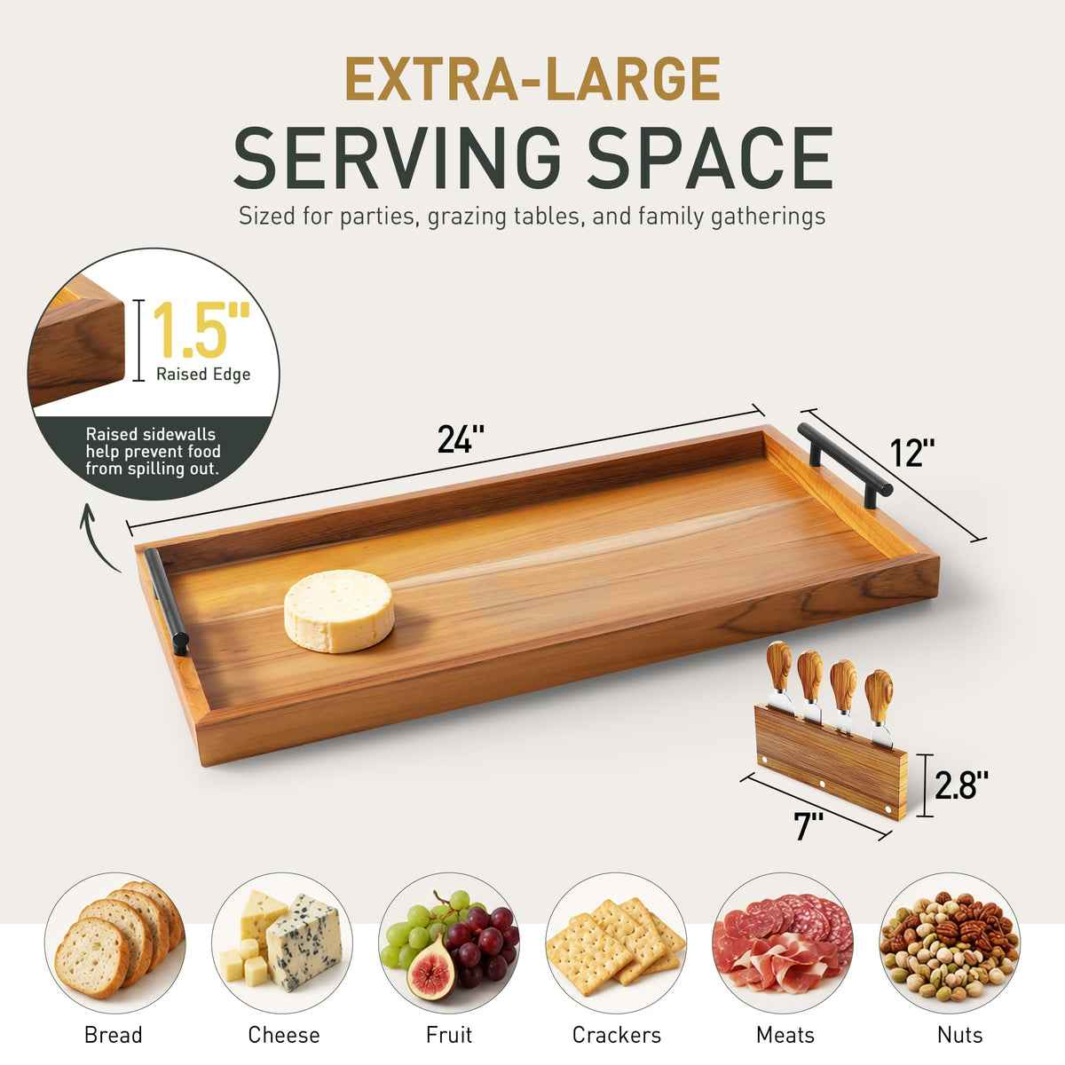 Socisen Teak Charcuterie Board, 24 x 12 Inch with 4 Cheese Knives, Natural