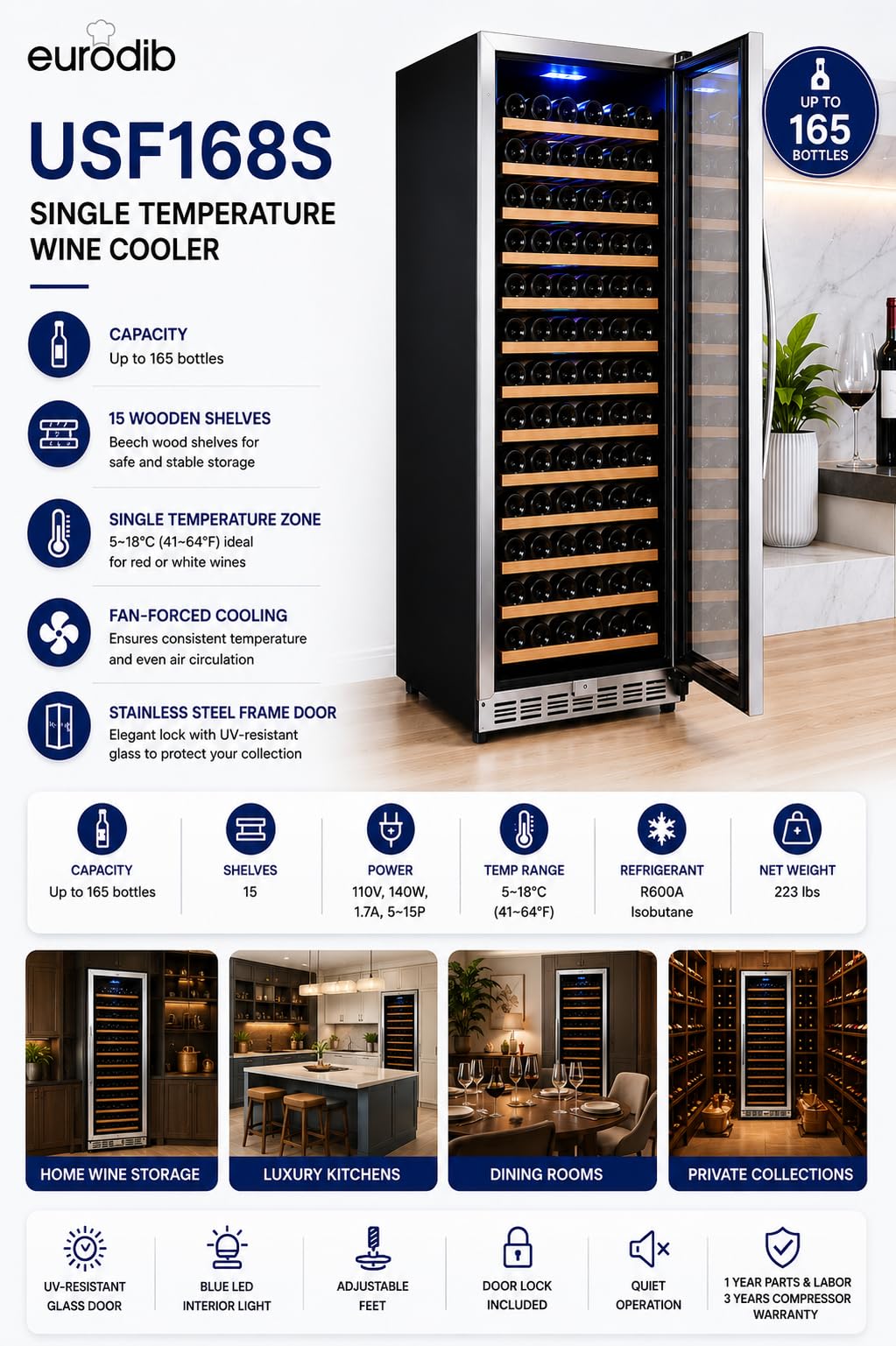 Commercial Wine Cooler by Eurodib – 24" W, 165.0 load, Arborite, Black, Model USF168S