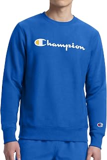 Champion Men’s Powerblend Crewneck Sweatshirt,Classic Script Logo, Nebulas Blue - Classic Script Logo, Medium