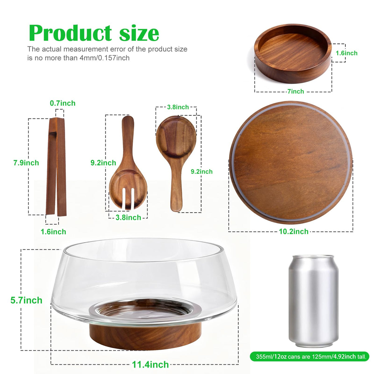 Airsent Glass Serving Bowl with Lid, 5-Quart Capacity, Clear with Wood Base