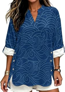Womens V Neck Tunic Lightweight Linen-Like 3/4 Sleeve Shirt Loose Fit Breathable Blouse