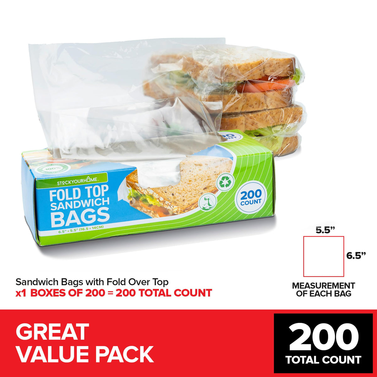 200 Count Clear Fold Top Sandwich Bags by Stock Your Home – 6.5 inches x 5.5 inches, Plastic, Clear, Pack of 200, Model 4440