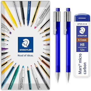 STAEDTLER 2x Blue Graphite 777 Mechanical Pencils & 12 0.5mm HB Micro Leads | Refillable, for Writing, Sketching, Technical Drawing & Office Use