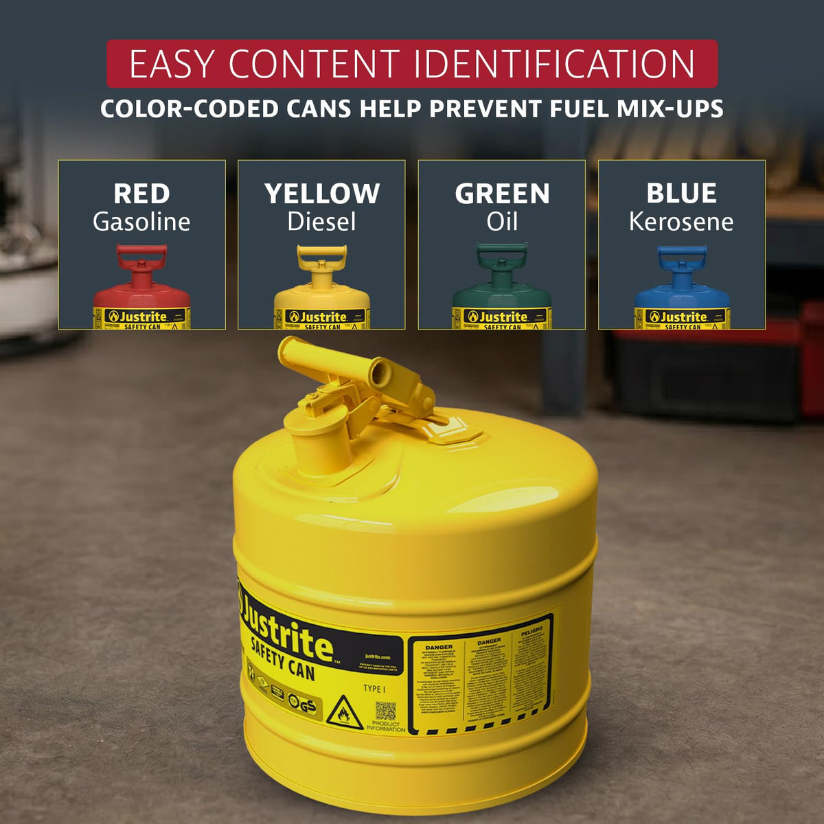 Justrite Yellow / 5 Gallon / Type I Cans