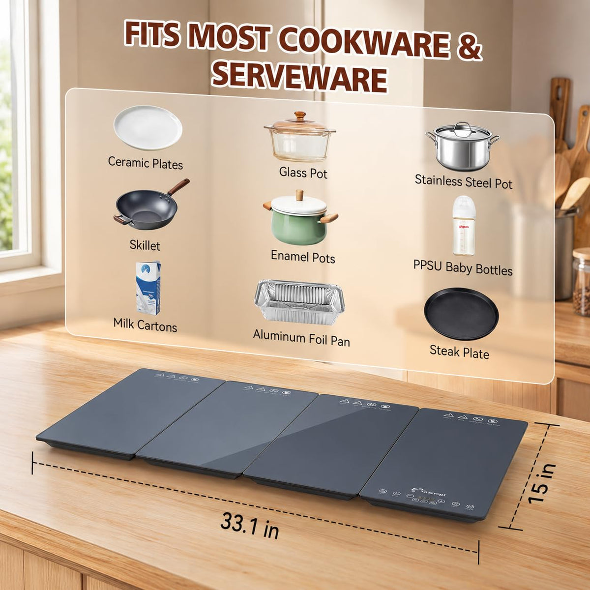 Yazzropt Electric Warming Tray, 4-Panel Glass Mat with 17 Heat Levels and Timer, Gray