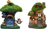 TERESA'S COLLECTIONS Flocked Solar Fairy House Statue Decoration Bundle (2 Items) | Outdoor Fairy House Figurine and Big and Mini Mushroom Fairy Garden