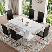 JUFU Dining Table Set for 6, Marble Dining Room Table Sets,63" Modern Kitchen Dinner Table and Chairs with 1.8in Thick Top and Leather Upholstered Chair,Comedor De 6 Sillas y Mesa White