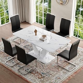 JUFU Dining Table Set for 6, Marble Dining Room Table Sets,63" Modern Kitchen Dinner Table and Chairs with 1.8in Thick Top and Leather Upholstered Chair,Comedor De 6 Sillas y Mesa White