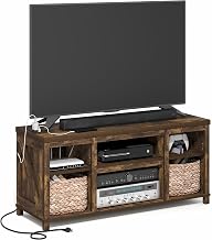 Furinno Farmhouse TV Stand, Entertainment Center, TV Console for TV up to 55 Inch with USB Ports & Power Outlets and Storage, for Living Room, Bedroom, Amber Pine