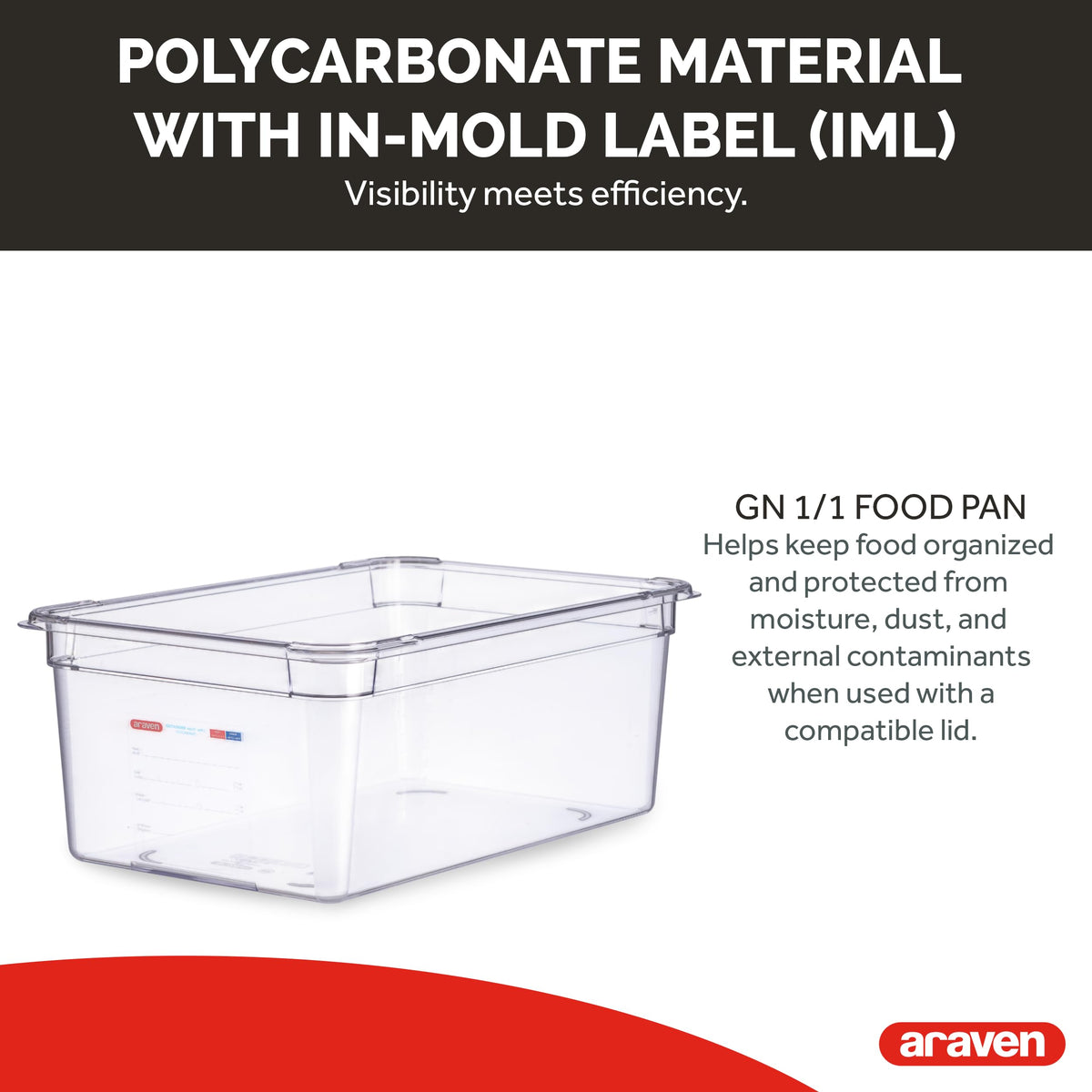 Polycarbonate Food Pan by Araven – 2.5 cubic_feet, Polycarbonate (PC), Clear, Pack of 6, Model 09845
