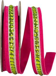 Reliant Ribbon Rhinestone Dupioni Deluxe Backed Wired Edge Ribbon, Fuchsia/Lime