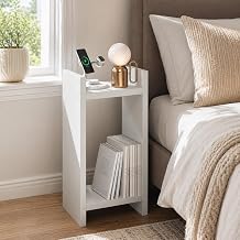 Furinno Viola Tall Night Stand, 2-Tier Bedside Table with Open Shelf, Side Table, End Table, with 1.2-Inch Extra Thick Frame for Living Room, Bedroom, White