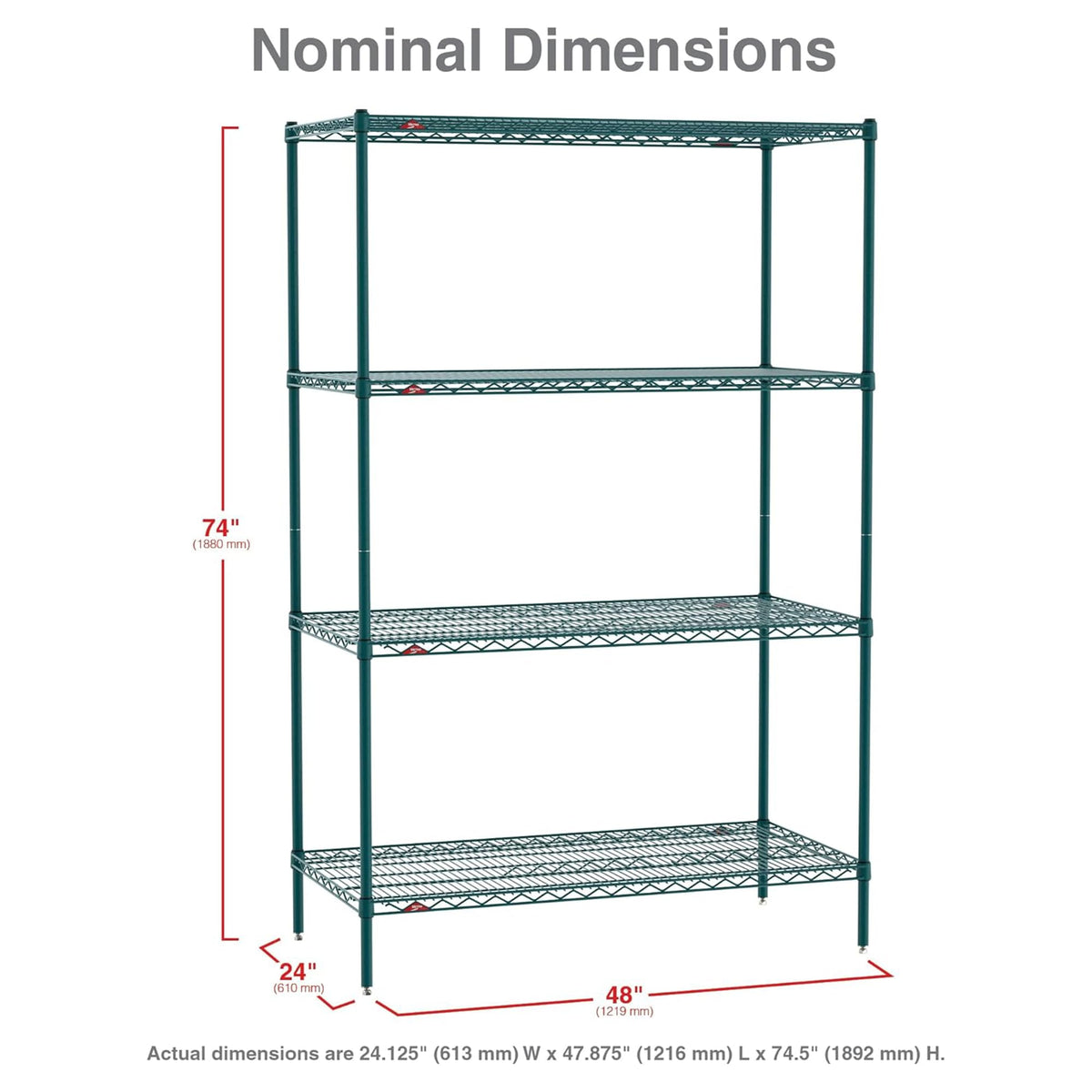 Super Erecta 5-Shelf Metroseal Wire Shelving Bundle - Includes 4-Tier Green Epoxy with Microban Shelving Unit and 1 EZ-ADD Shelf - 24" W x 48" L x 74.5" H - for Restaurants – 24"