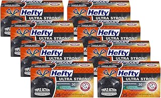 Hefty Ultra Strong Multipurpose Trash Bags, Black Large Flexible Bags with Drawstring, White Pine Breeze Scent, 30 Gallon Bags, 25 CT Bags Per Pack (Pack of 8)