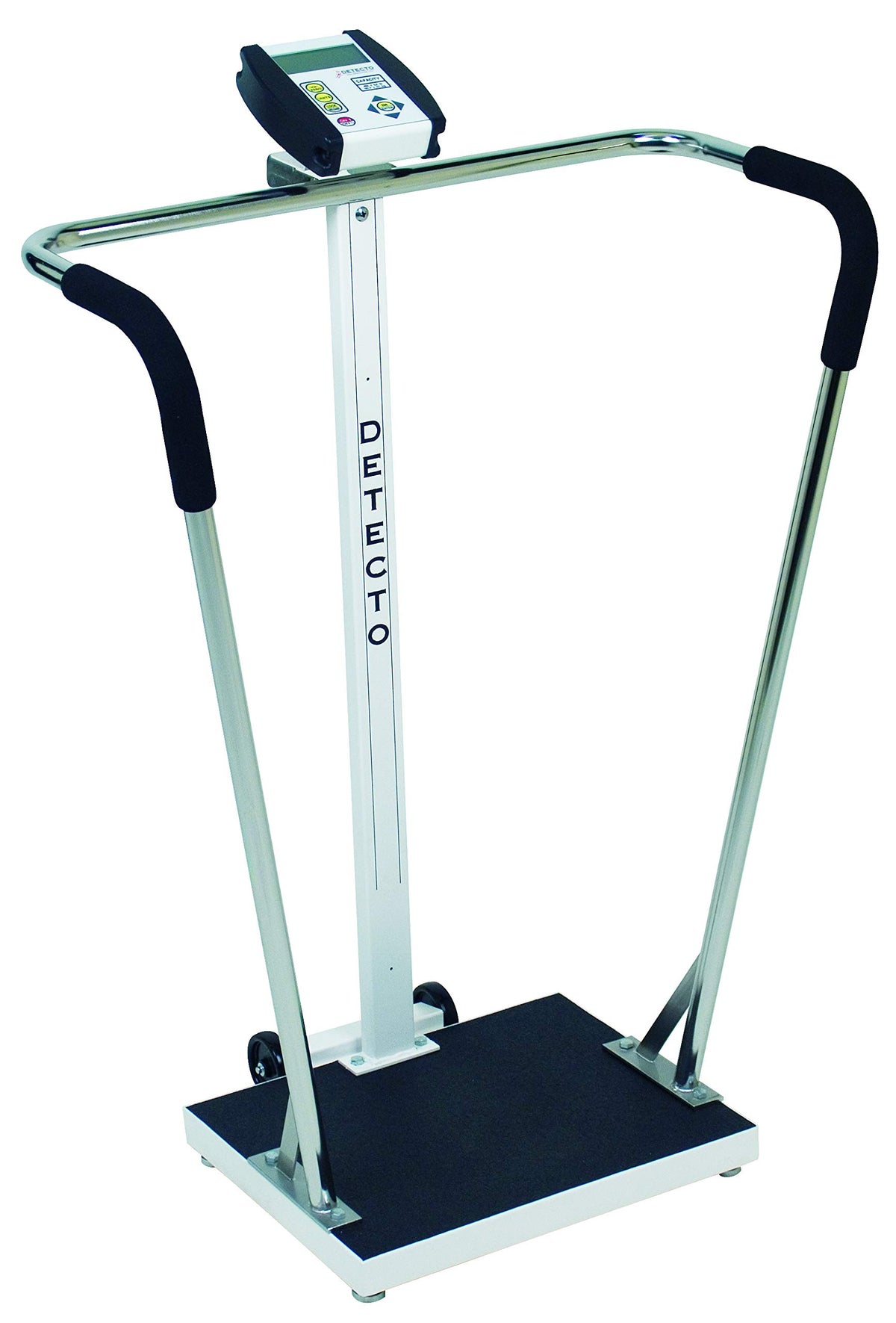 Portable High Capacity Digital Scale with Wrap Around Tubular Handrails Capacity: 600 lb x 0.2 lb Platform 18"x14"x1.75" by Detecto – 45"L x 30"W x 25"H, Alloy Steel, Model 6855