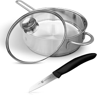 ZWILLING TwinNova3 Induction Sauté Pan 24 cm with Lid + Vegetable Knife 8 cm 3-Piece Saute Pan Uncoated High Rim Dishwasher Safe for All Types of Cookers Silver