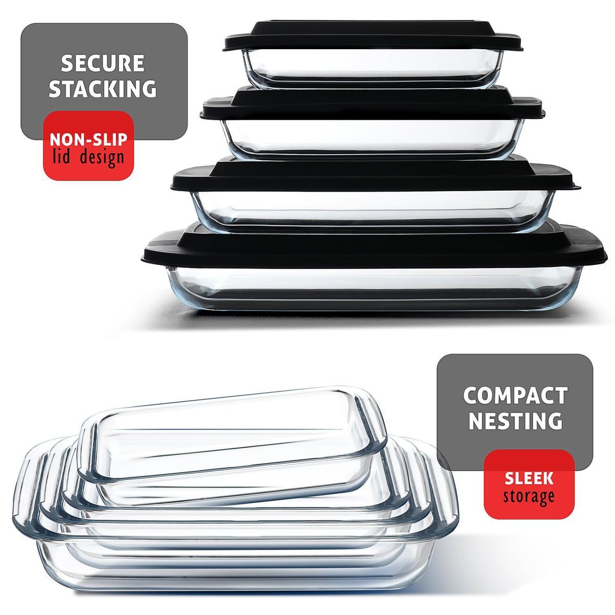 Eatex Glass Casserole Set, 4 Sizes with Lids, Black