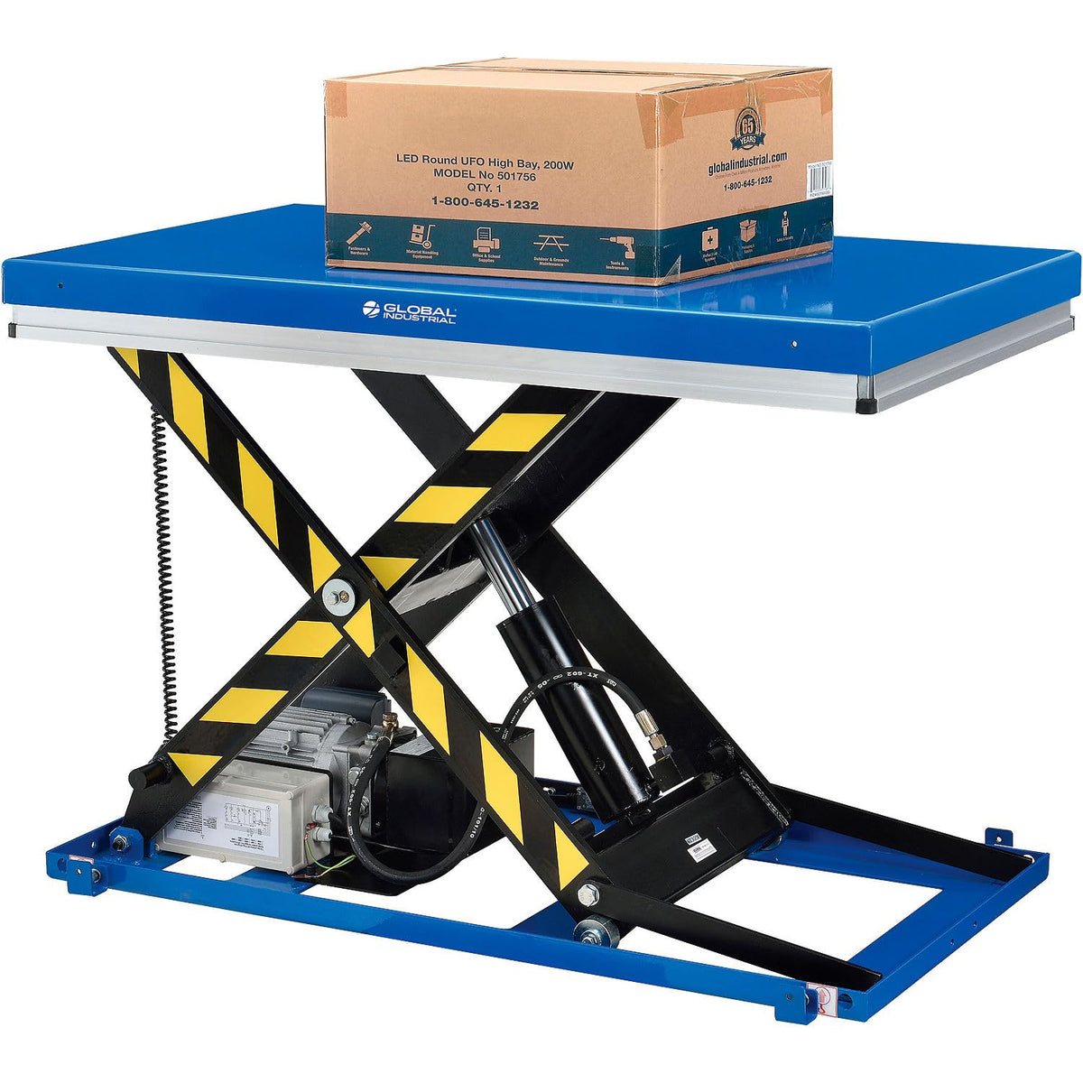 Power Scissor Lift Table with Hand & Foot Control by Global Industrial – Steel, Blue, Model 987549