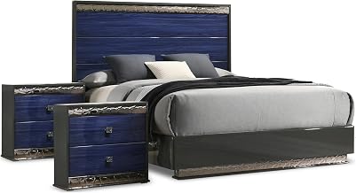 Furniture of America Scape Glam Solid Wood 3-Piece Bedroom Set with Platform Bed, Felt-Lined Top Drawers and Metal Side Glide on Nightstands, No Box Spring Needed, Queen, Indigo Blue