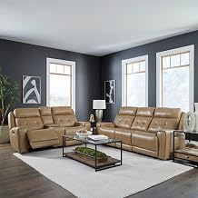 Liberty Furniture Carrington Living Room Power Recline Set with Sofa & Loveseat - Storage Console with Hidden Cupholders, USB Charging Ports, Wireless Charging Pad - York Sand Leather