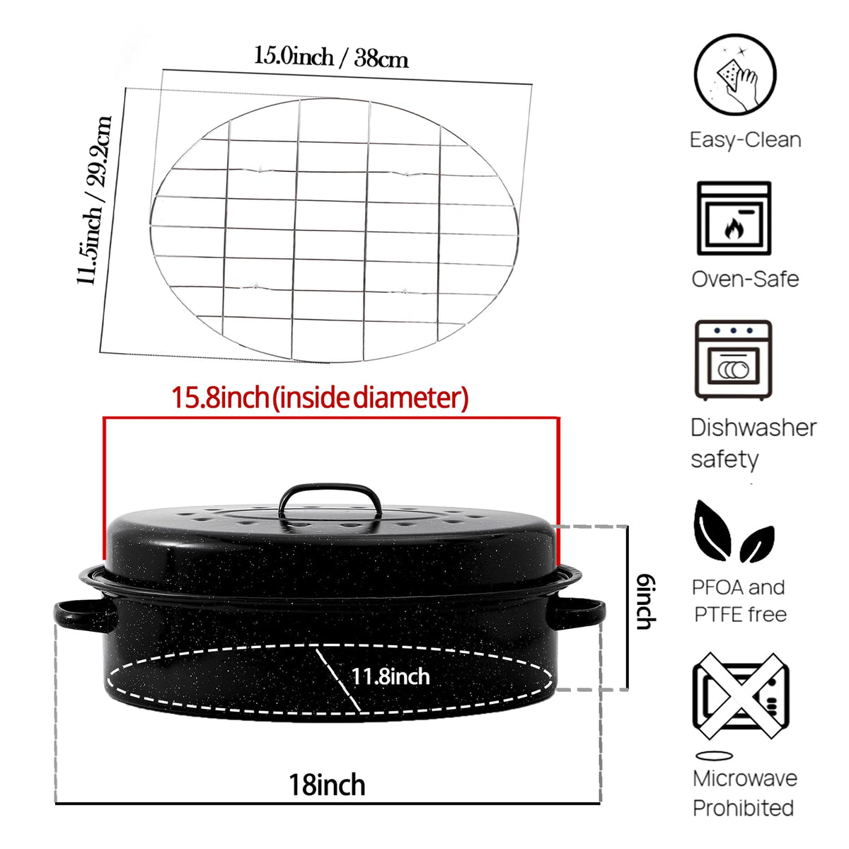 Yammi Tree Oval Roasting Pan with Lid and Rack, 18 Inch, Black