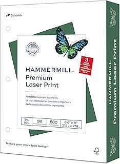 Hammermill Premium Laser Print Paper, 24 lb Copy Paper, 8.5 x 11 Letter Size, 3 Hole - 1 Ream (500 Sheets) - 98 Bright