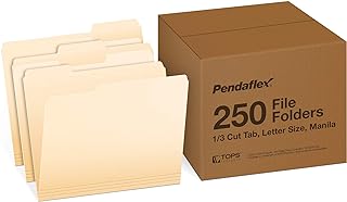 Pendaflex File Folders, 250-Pack, Letter Size, Manila, 1/3-Cut Tabs, Premium Paper Folders for File Cabinets, Home, Office & Classroom Document Organization, 3-Tab Letter File Folders